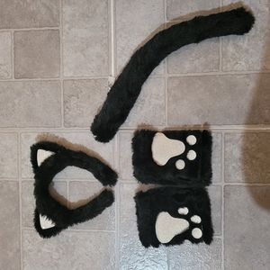 Plush black cat ears headband, tail, paw gloves